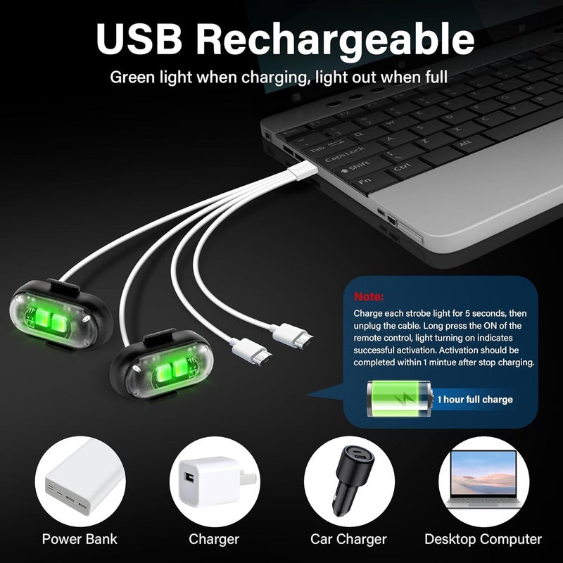 Amiline Wireless LED Lights for Car 8PCS with Remote Control, Wireless LED Strobe Lights 8 Colors USB Charge IP65 Waterproof Anti-Collision for Car Motorcycle Drone RC Aircraft Bike, Black - Image 3